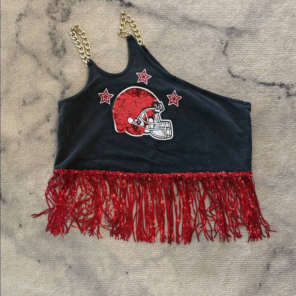 Chic Black Crop Top with Red Fringe and Graphic